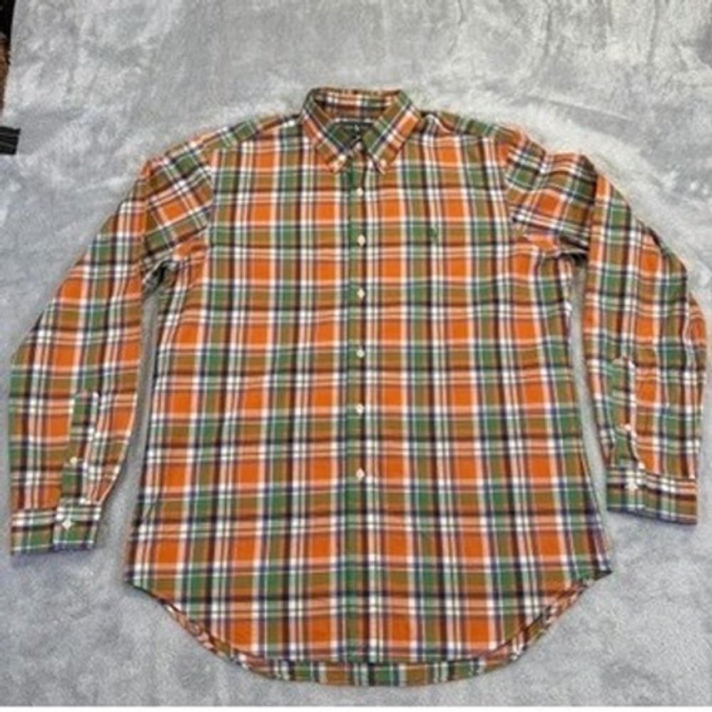 Y2K Ralph Lauren Shirt Men L Orange Green Plaid Classic Fit Button Down Fall LS